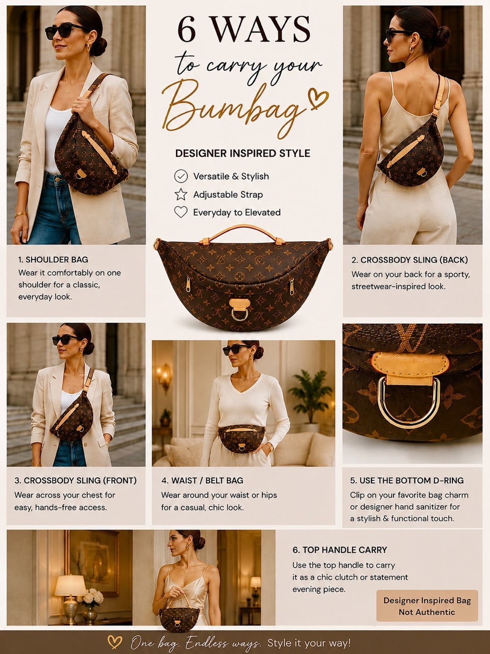 Designer Inspired Monogram Bumbag Belt Bag  Brown and Gold  Convertible - Picture 5 of 16